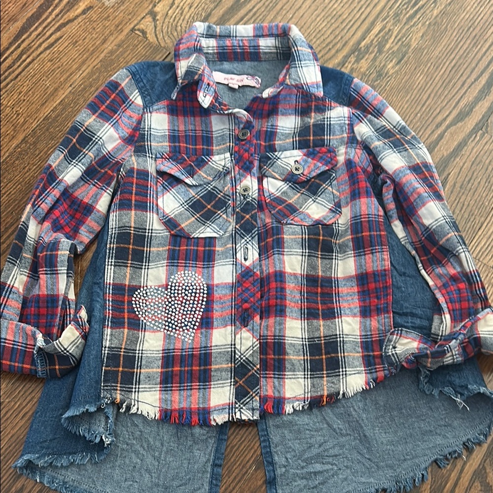 Plaid Button-Up Shirt with Heart Patch